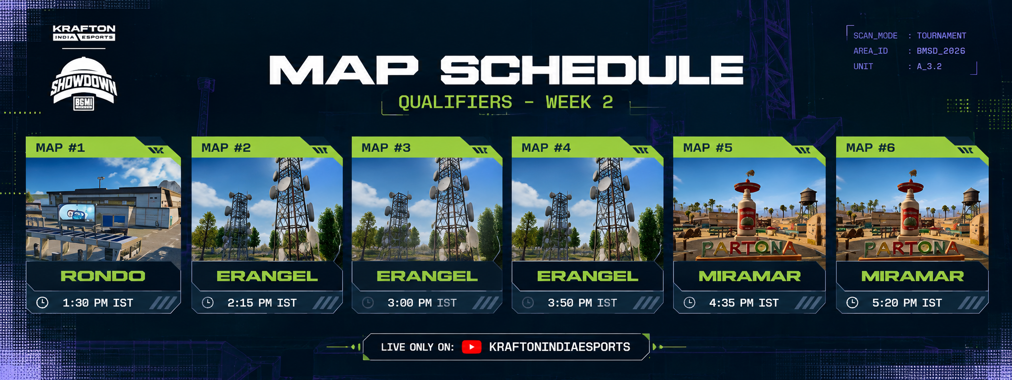 BMSD 2026 Map Schedule, Qualifiers Week 2: Map 1 Rondo 1:30 PM IST, Map 2 Erangel 2:15 PM IST, Map 3 Erangel 3:00 PM IST, Map 4 Erangel 3:50 PM IST, Map 5 Miramar 4:35 PM IST, Map 6 Miramar 5:20 PM IST. Live only on KraftonIndiaEsports.